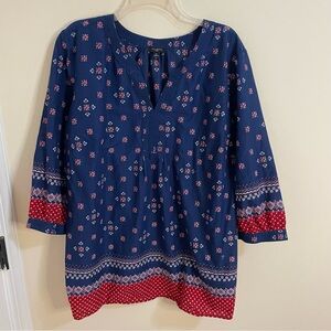 Talbots Navy Blue Floral Border Print Tunic with Red Accents Women’s Size 2X